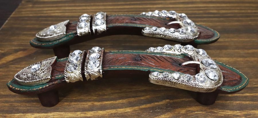 Set Of 2 Western Faux Tooled Leather Bling Belt Buckle Drawer Cabinet Bar Pulls