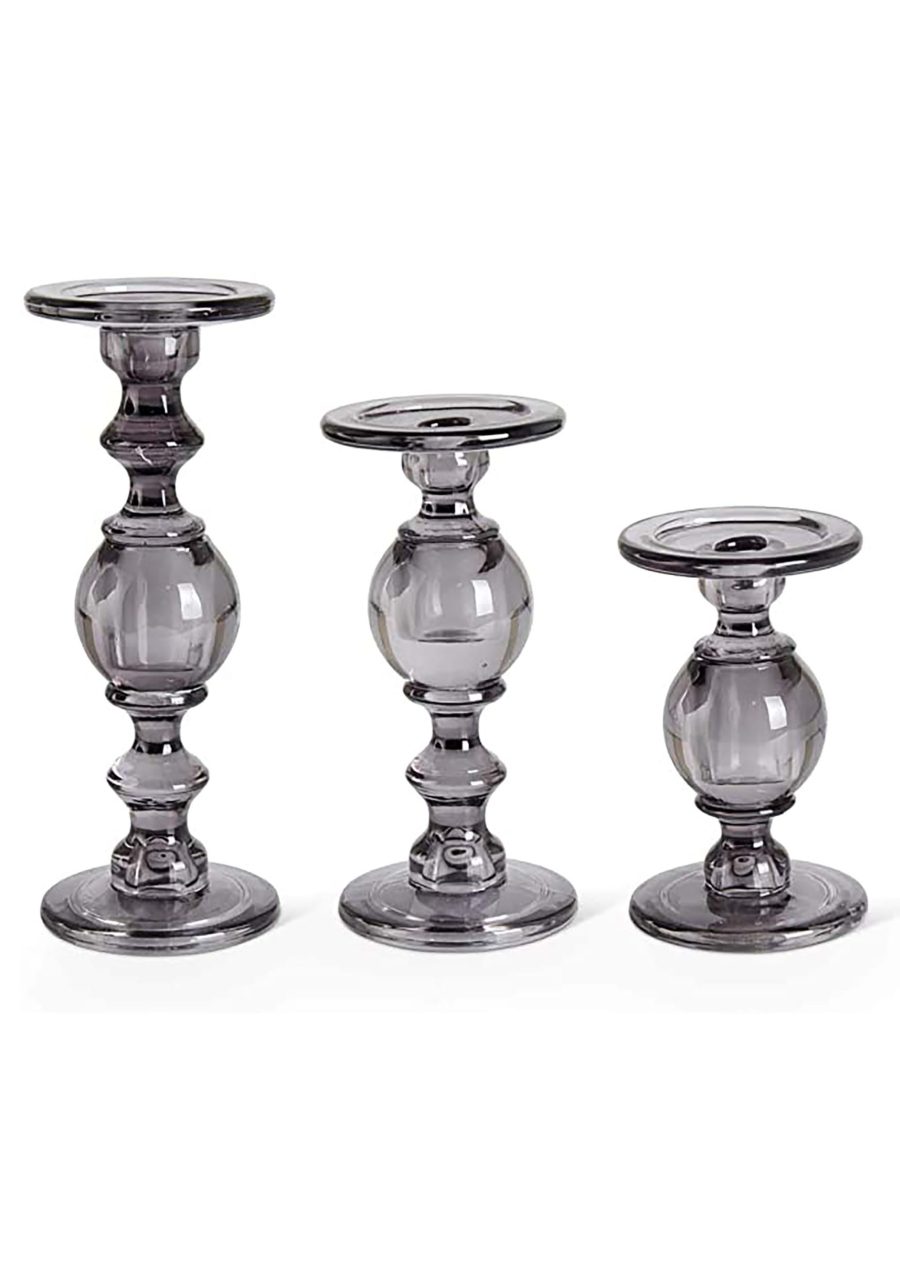 Set of Three Gray Transparent Glass Candleholders