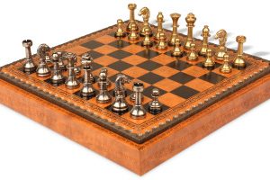 Small Staunton Solid Brass Chess Set with Leatherette Board & Tray