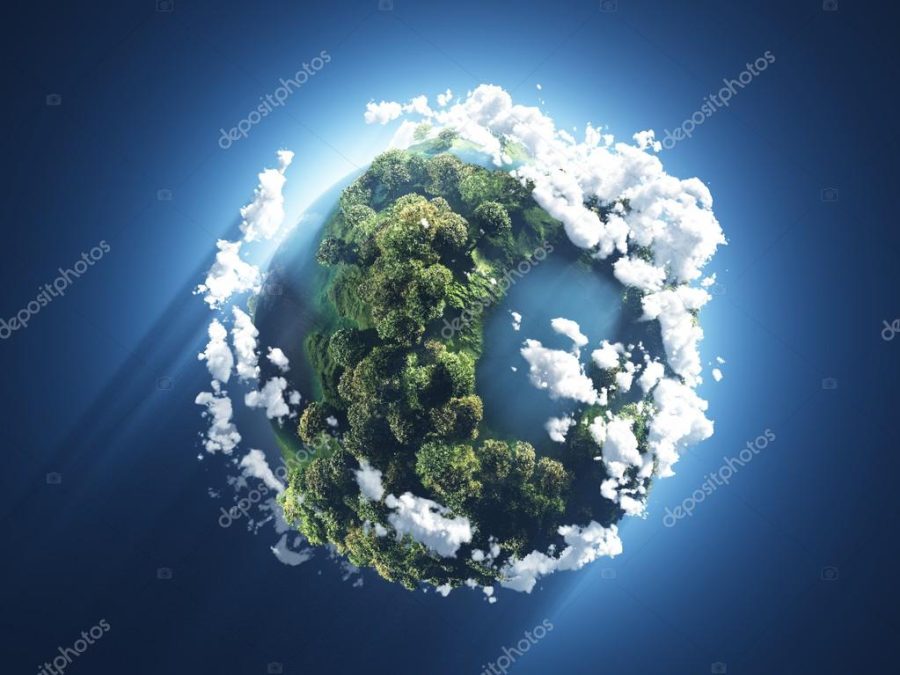 Small planet with oceans, trees and clouds