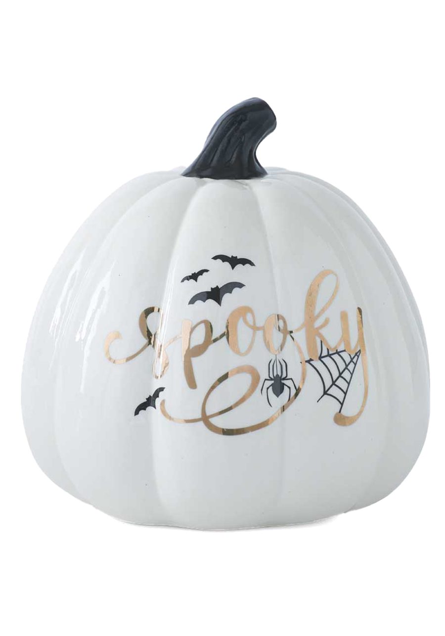 Spooky 6.5 White Ceramic Decal Pumpkin