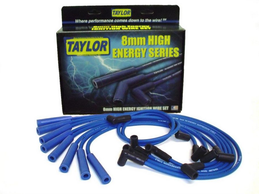 TAYLOR 64672 Spark Plug Wire Set; High Energy Custom; Pre Assembled; Blue; 8 Millimeter Diameter; Silicone; Wire Core; Socket Distributor End; 350 Ohms Per Foot Resistance; With Coil Wire; Without Wire Separators