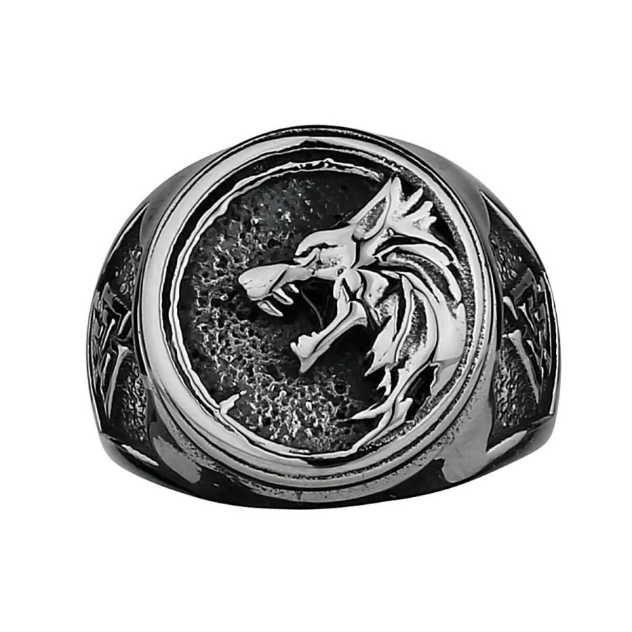 Viking Valknut Rune Wolf Head Stainless Steel Ring