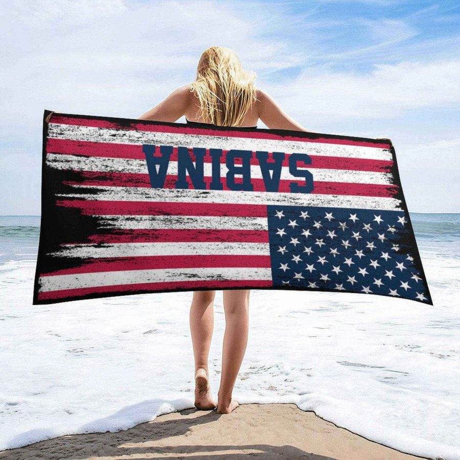 Vintage American Flag Personalized Name Beach Towel - Aperturee