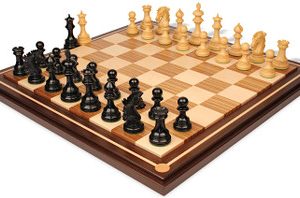 Wellington Staunton Chess Set Ebony & Boxwood Pieces with Mission Craft Zebra Wood, Maple & Walnut Chess Board - 4.25 King