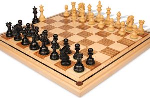 Wellington Staunton Chess Set Ebony & Boxwood Pieces with Mission Craft Zebra Wood & Maple Chess Board - 4.25 King