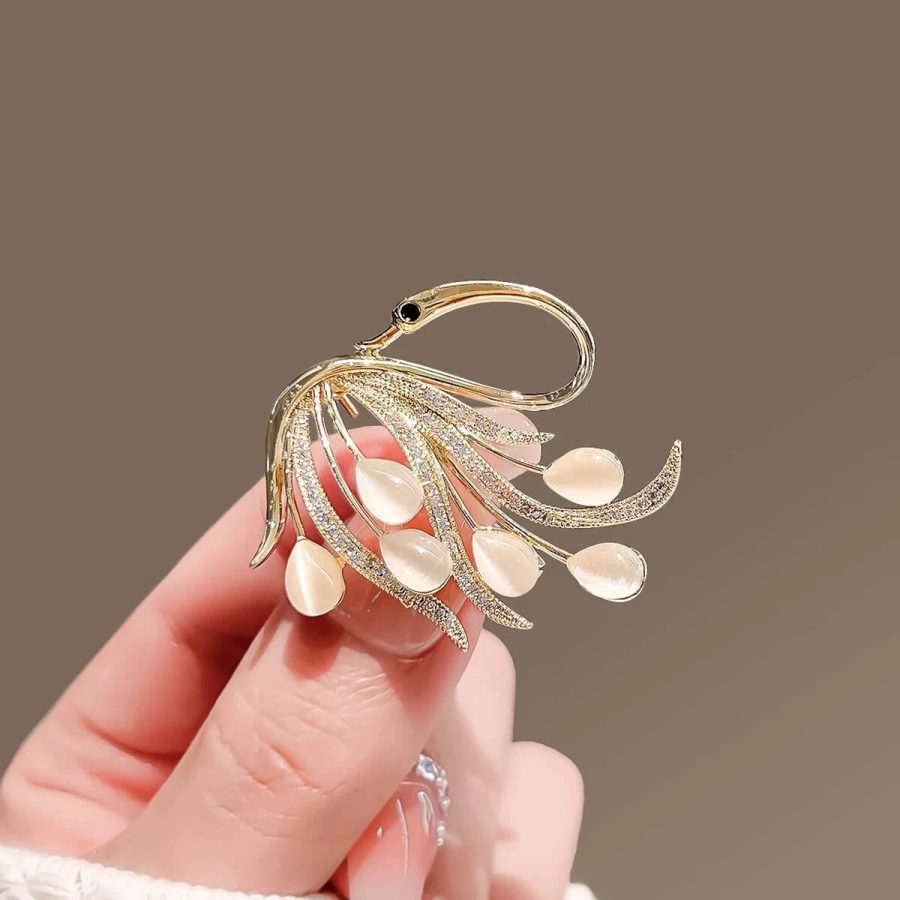 White Swan Gold-Toned Brooch With Synthetic Gems and Rhinestones