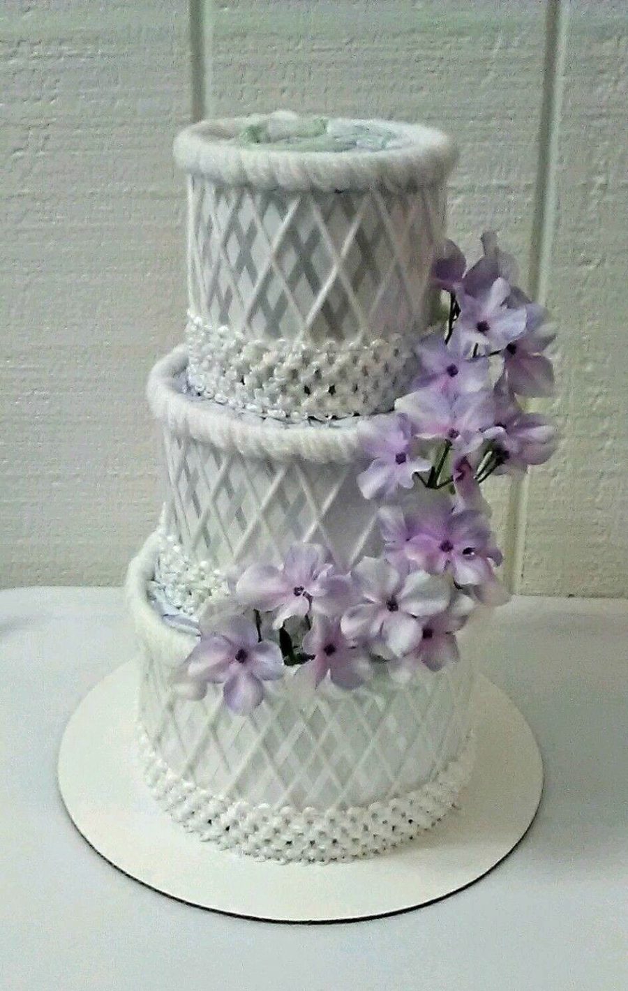 White and Lilac Purple Themed Baby Shower Decor Elegant 3 Tier Diaper Cake