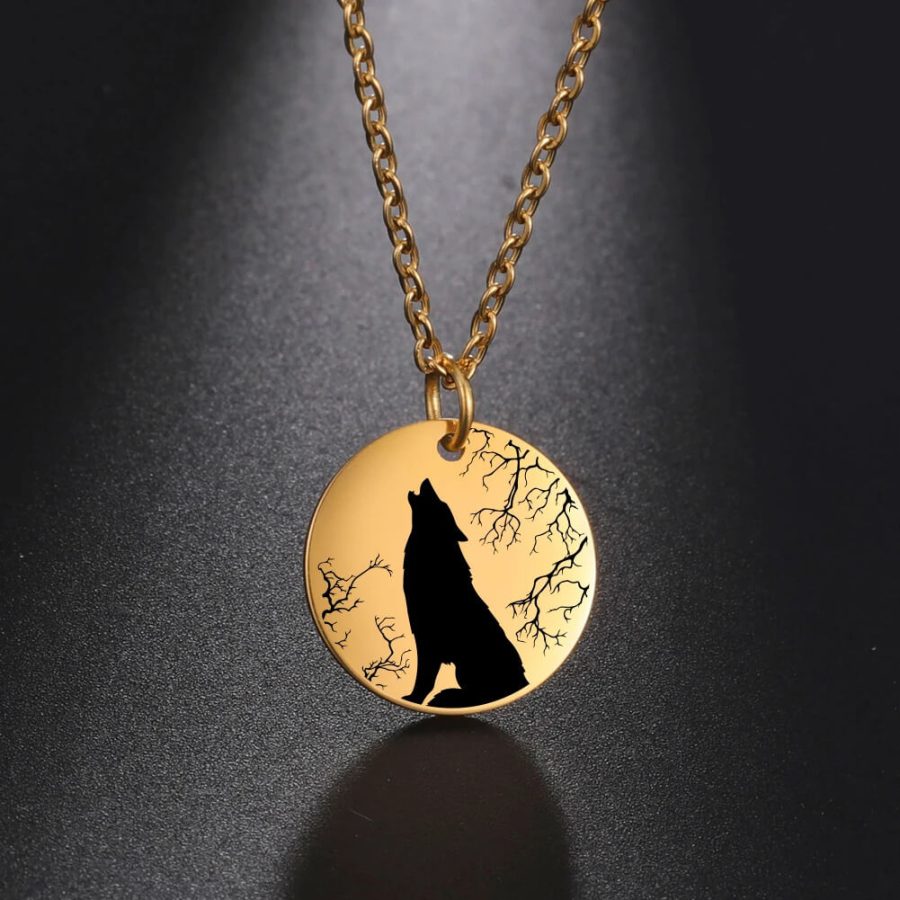 Wolf Howling In Forest Stainless Steel Necklace