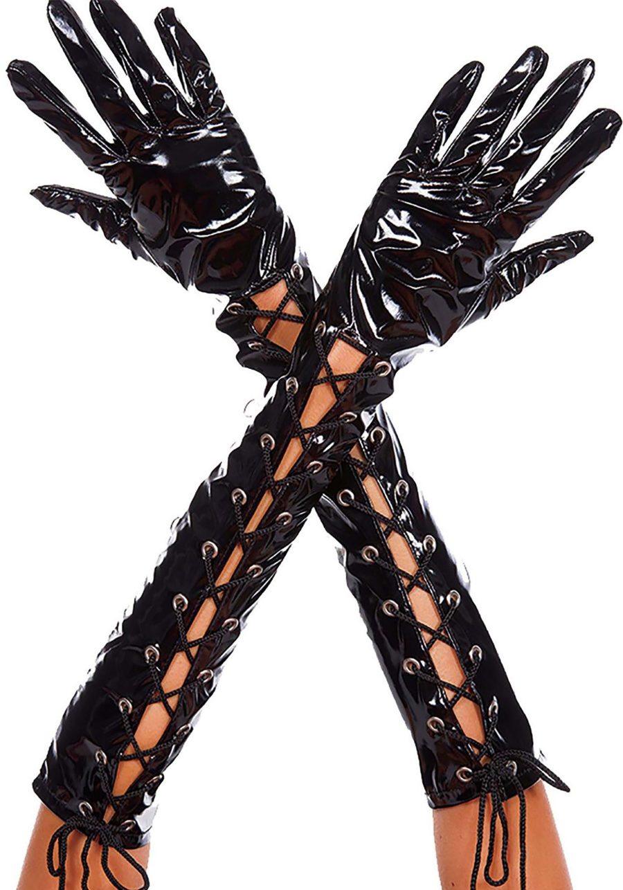 Women's Black Patent Lace Up Gloves