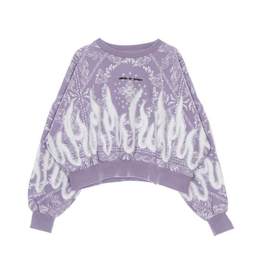 Women's Crop Crewneck Lightweight Sweatshirt Crop Hoodie Spray Flames Lilac/white