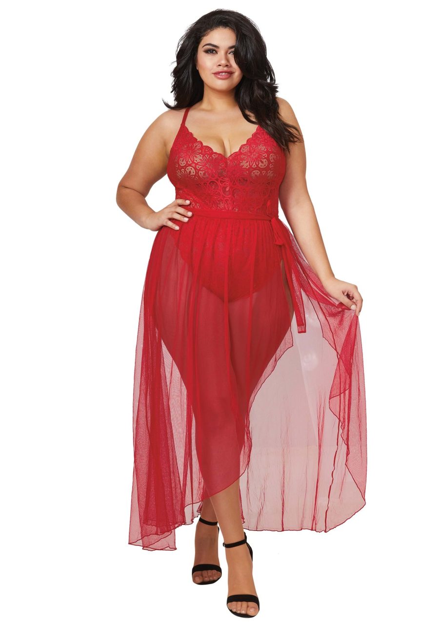 Women's Plus Size Mosaic Stretch Lace Teddy & Sheer Skirt