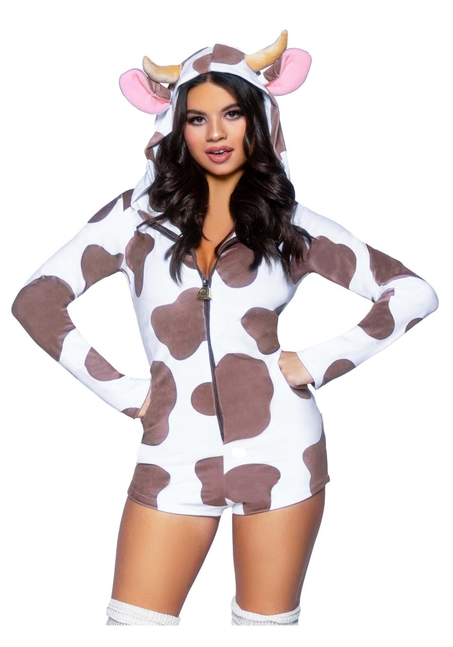 Women's Plush Brown and White Cow Romper Costume