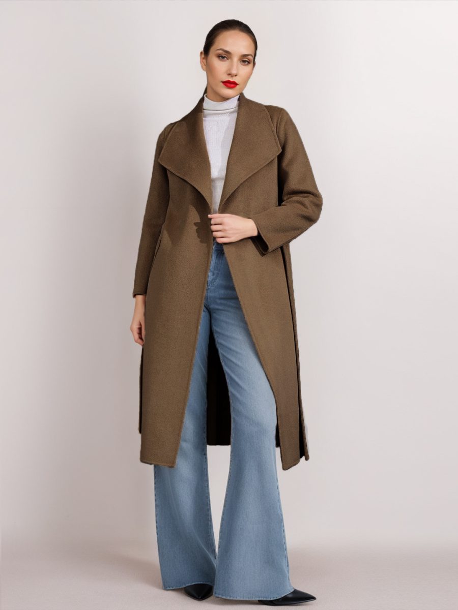 Wool Cashmere Blend Coat Belted Camel Wide Lapel Winter Double-Faced Outerwear For Women 2024