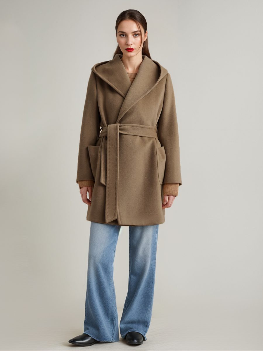 Wool Cashmere Blend Coat With Hood Camel Belted Double-Faced Wrap Coat For Women 2024