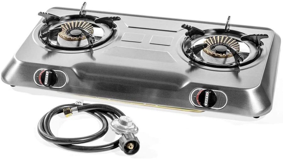 XtremepowerUS 30,000BTU Double Burner Stove Auto Ignition Cooktop Propane Hose