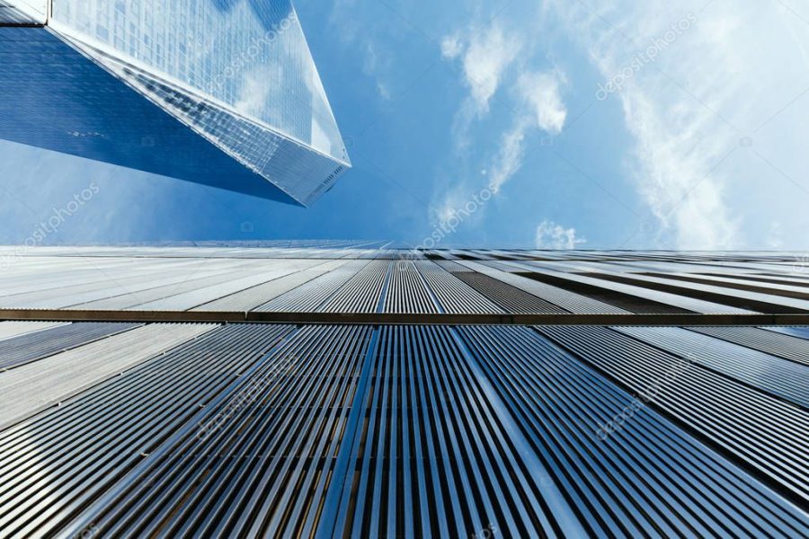 bottom view of skyscrapers and cloudy sky, new york, usa