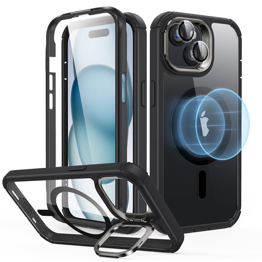 iPhone 15 Armor Tough Case with Stash Stand (HaloLock) Clear Black