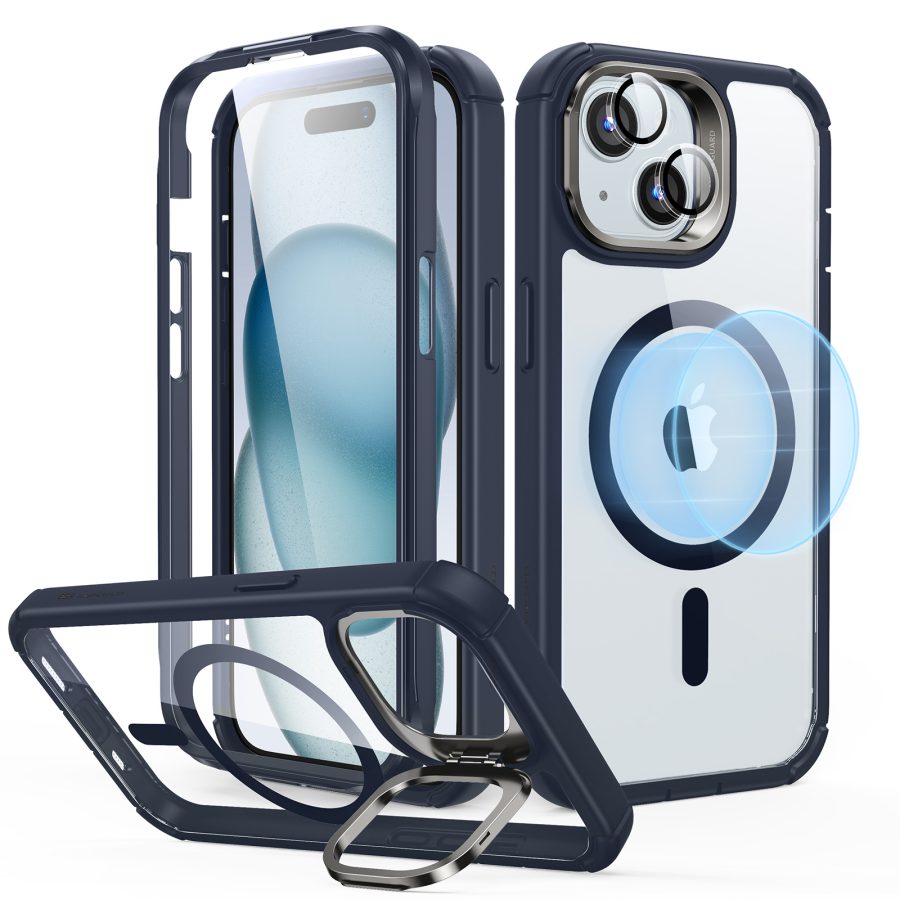 iPhone 15 Plus Armor Tough Case with Stash Stand (HaloLock) Clear Dark Blue