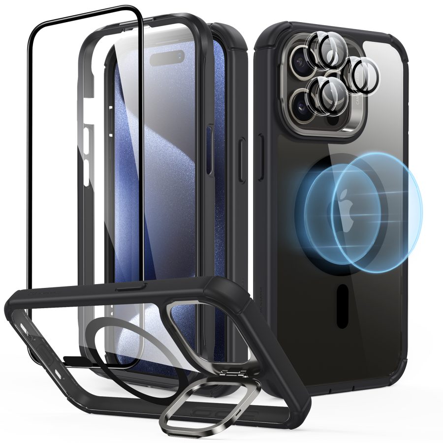 iPhone 15 Pro Armor Tough Case with Stash Stand Protection Bundle Clear Black