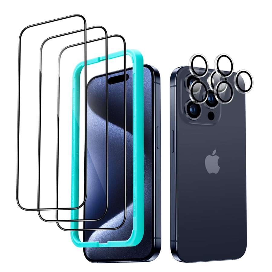 iPhone 15 Pro Tempered-Glass Screen Protector Set 3 Screen Protectors + 2 Sets of Lens Protectors