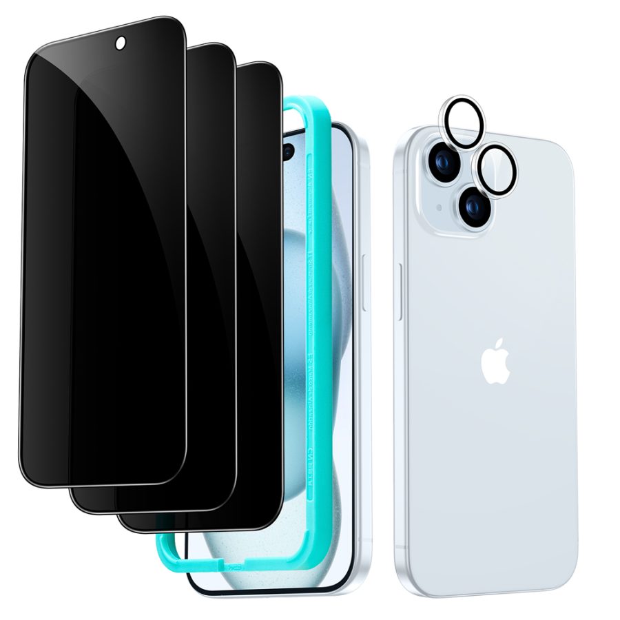 iPhone 15 Tempered-Glass Privacy Screen Protector Set 3 Screen Protectors + 1 Set of Lens Protectors