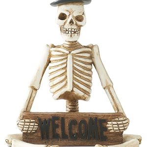 17 Resin Skeleton Man Shelf Sitter with Welcome Sign Prop