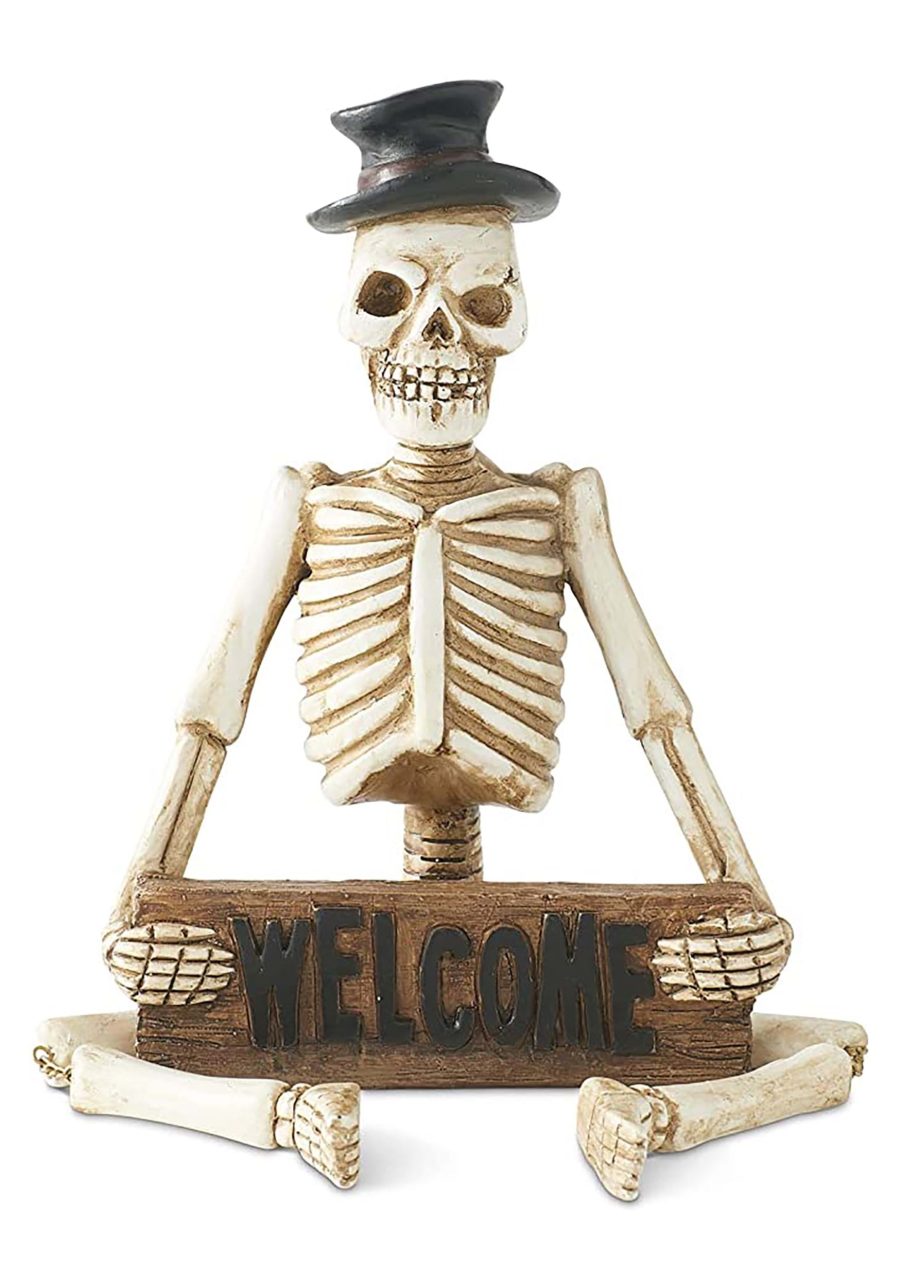 17 Resin Skeleton Man Shelf Sitter with Welcome Sign Prop