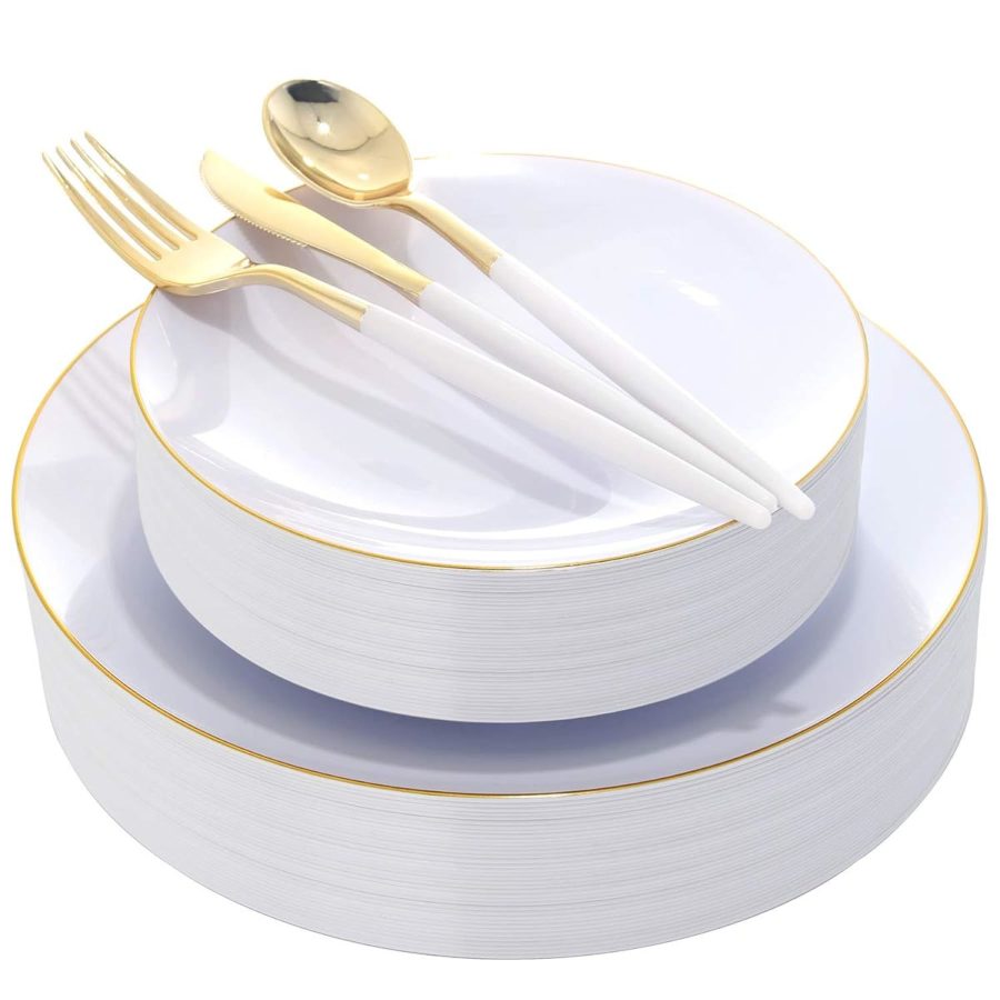 30 Guests Gold Plastic Plates With Disposable Silverware, Gold Cutlery With Whit