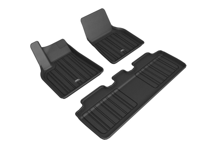 3D MATS E1TL02701809 2021-2024 Tesla Y Floor Liner; ELITECT Series; Custom Fit; Raised Edge; Black; Textured Carbon Fiber; 3 Piece; With MAXpider Anti-Skid Bottom Layer