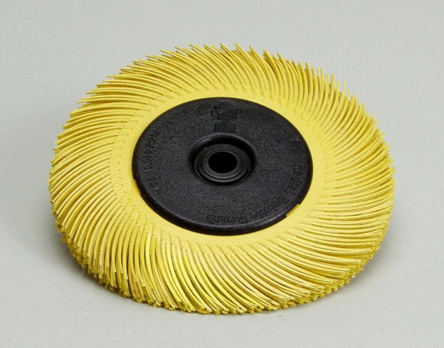 3M 33129 BB-ZB S/B RADIAL BRST BRSH T-C 8, Use To Remove Paint/ Stains/ Adhesives/ Weld Burns/ Rust/ Heavy Oxides And Surface Contaminants; Type C Bristle Disc; 7-5/8 Inch Outer Diameter; Yellow; Aluminum Oxide Blended Ceramic; Center Hole; 80 Grit