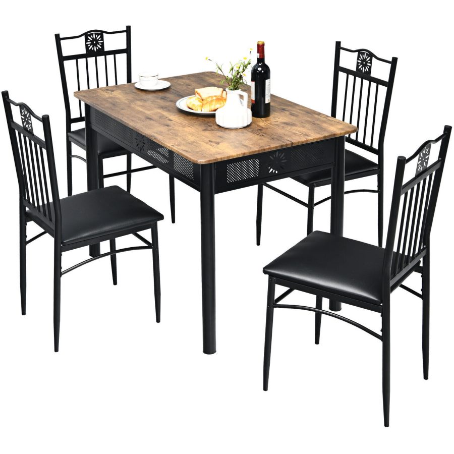 5 PCS Kitchen Dining Set Modern Breakfast Furniture Metal Table & 4 Chairs