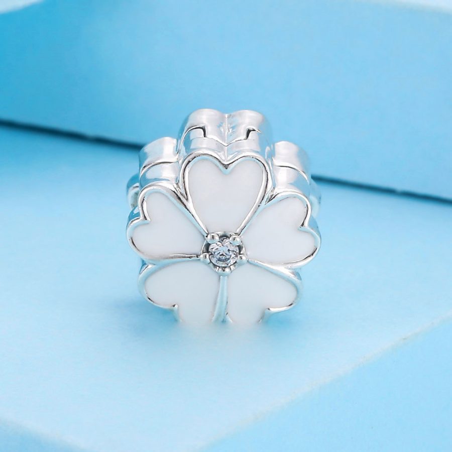 925 Sterling Silver White Primrose with White Enamel Clip Charm Bead