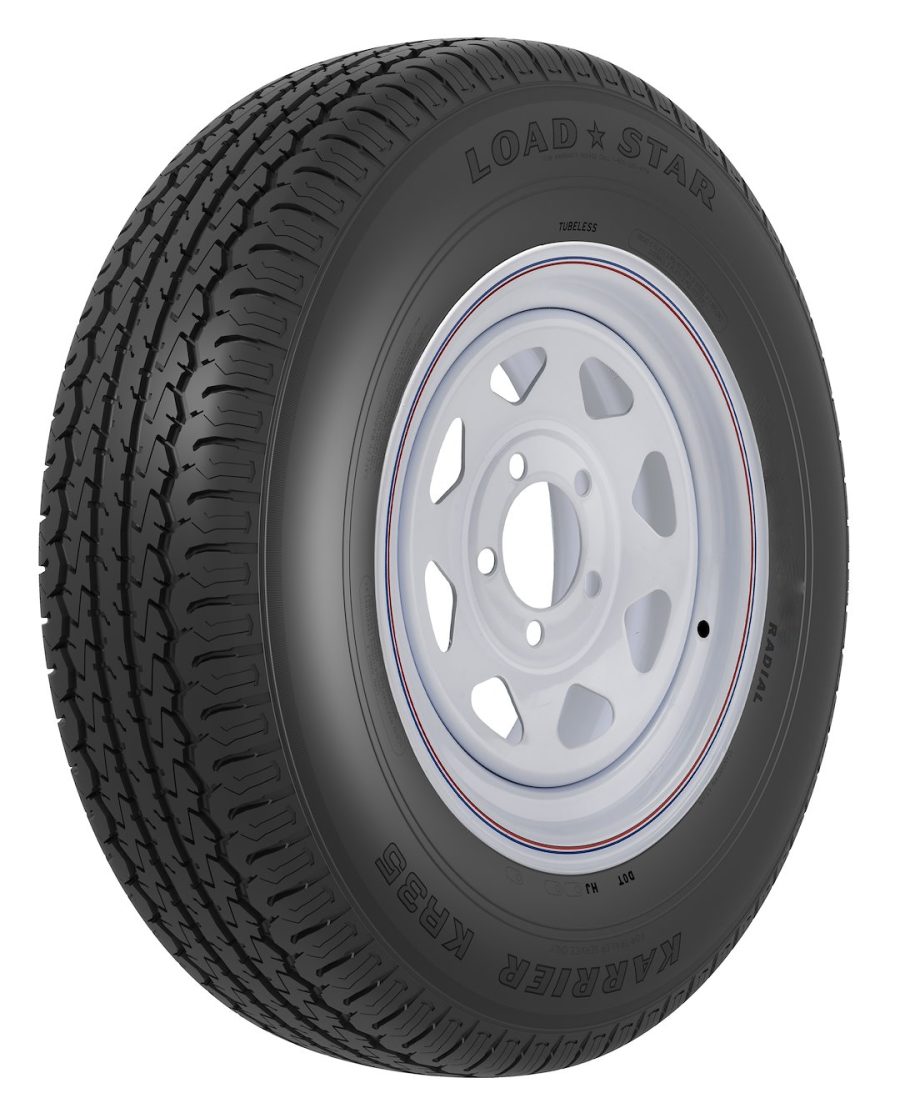 AMERICANA 31138 ST205/75R15 C/5H-5.0 SPK WH/ST, 15 Inch Diameter x 5 Inch Width; 5 x 127 Millimeter/ 5 x 5.00 Inch Bolt Pattern; 8 Spoke; 2 Piece Welded Steel Construction; White With Stripes; ST205 x 75R15; 1 Year Worry-Free Warranty; Trailer; Radial