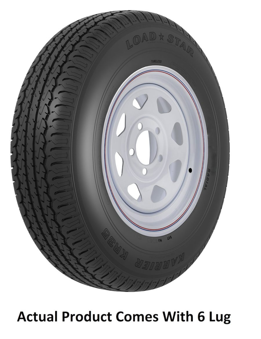 AMERICANA 31368 ST225/75R15 E/6H SPK WH STR KR, 15 Inch Diameter x 6 Inch Width; 6 x 139.7 Millimeter/ 6 x 5.50 Inch Bolt Pattern; 8 Spoke; 2 Piece Welded Steel Construction; White With Stripes; ST225 x 75R15; 1 Year Worry-Free Warranty; Trailer; Radial