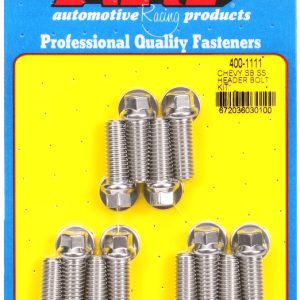 ARP 400-1111 SBC SS HEX HDR BOLT KIT, For Use With Chevy Small Block; 3/8 - 16 Inch Thread Size; 1.000 Inch Length; Hex Style Head Type; Stainless; Natural; Stainless Steel; Set of 12