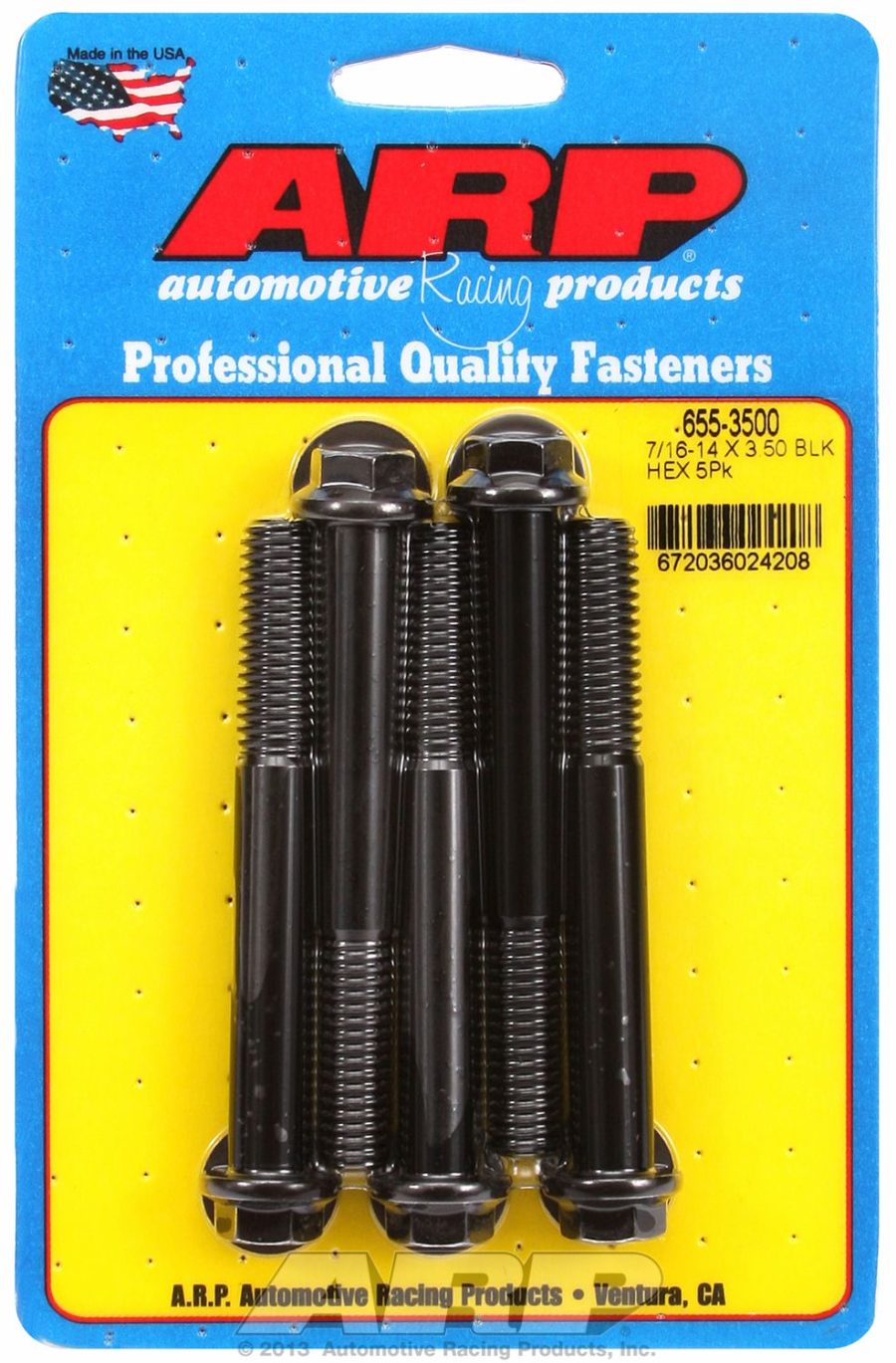 ARP 655-3500 7/16-14 X 3.500 HEX 1/2, Standard Bolt; 3/8 Inch - 16 Thread Size; 3.500 Inch Under Head Length; 7/16 Inch Socket Size; Hex Style Head Type; Black Oxide; Chrome Moly; 5 Pack