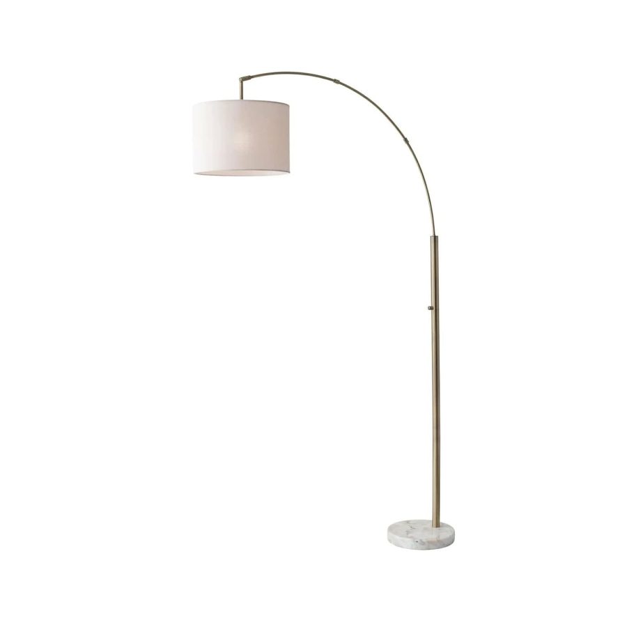 Adesso Bowery 73.5-Inch H Antique Brass Arc Floor Lamp with Off-White Textured D