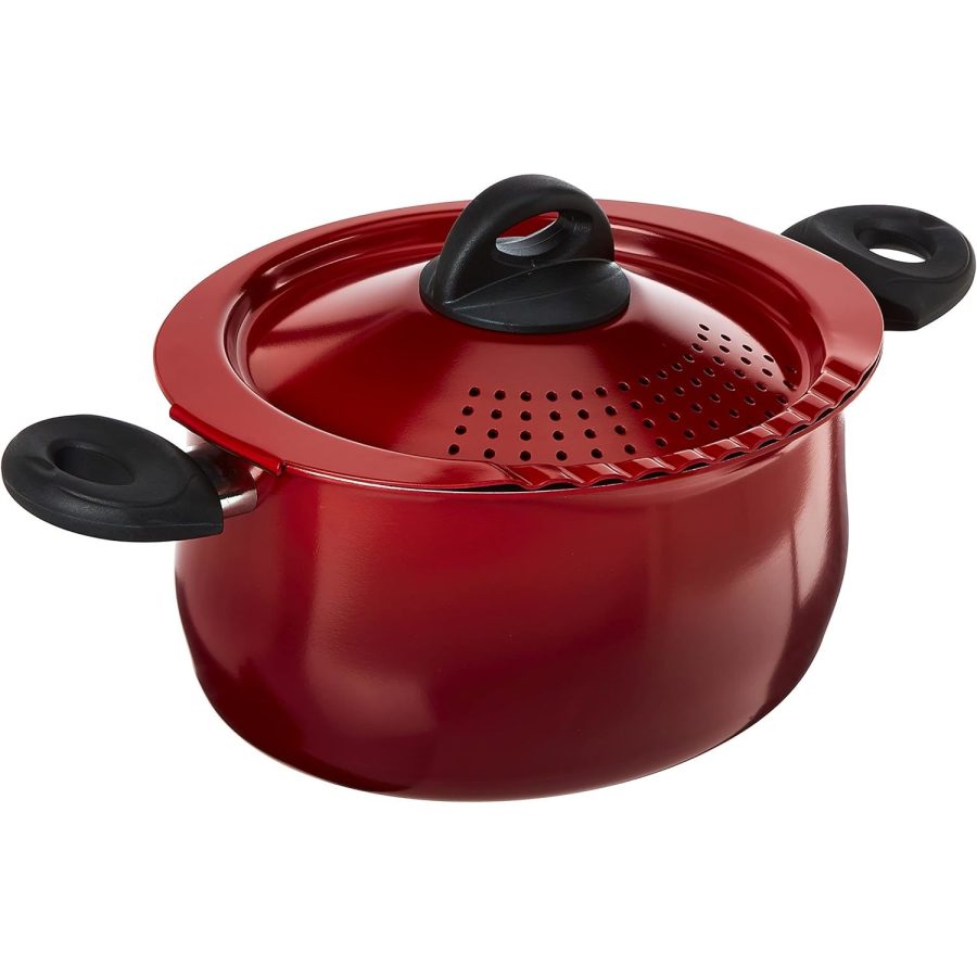 Aluminum 5.5 Quart Pasta Pot With Strainer Lid, Nonstick, Red