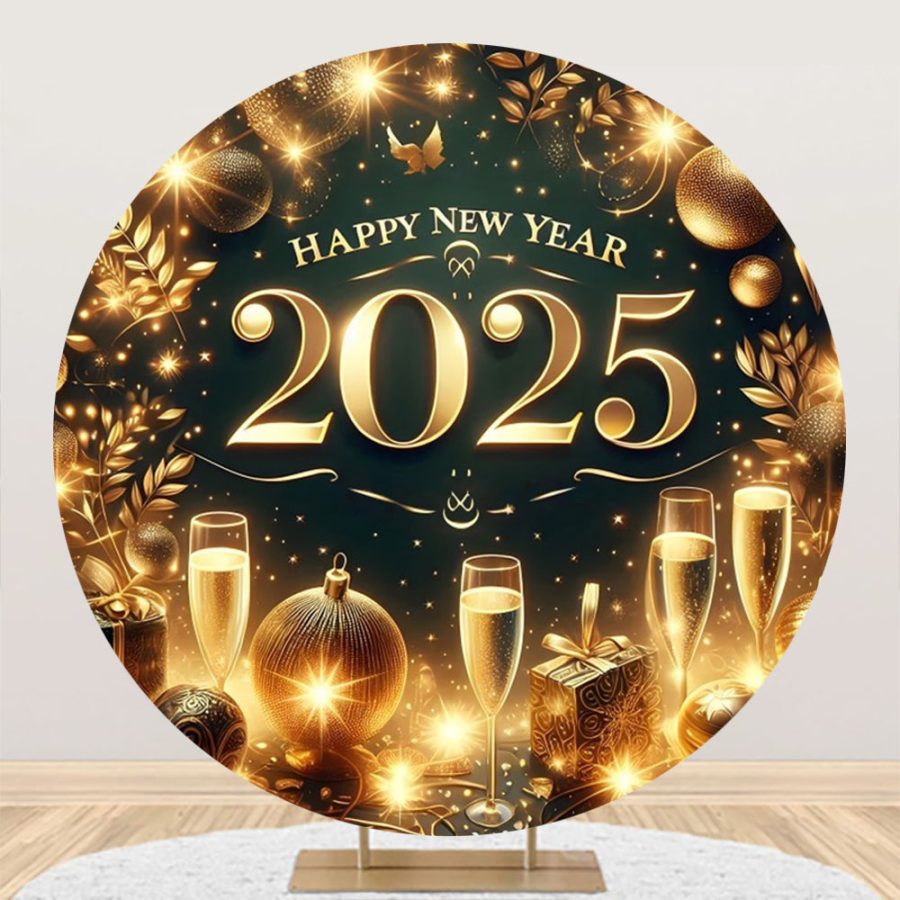 Aperturee Champagne Shiny New Year 2025 Round Party Backdrop