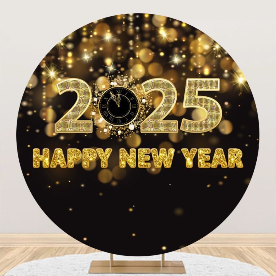 Aperturee Gold Sequins Clock New Year Night Party Round Backdrop