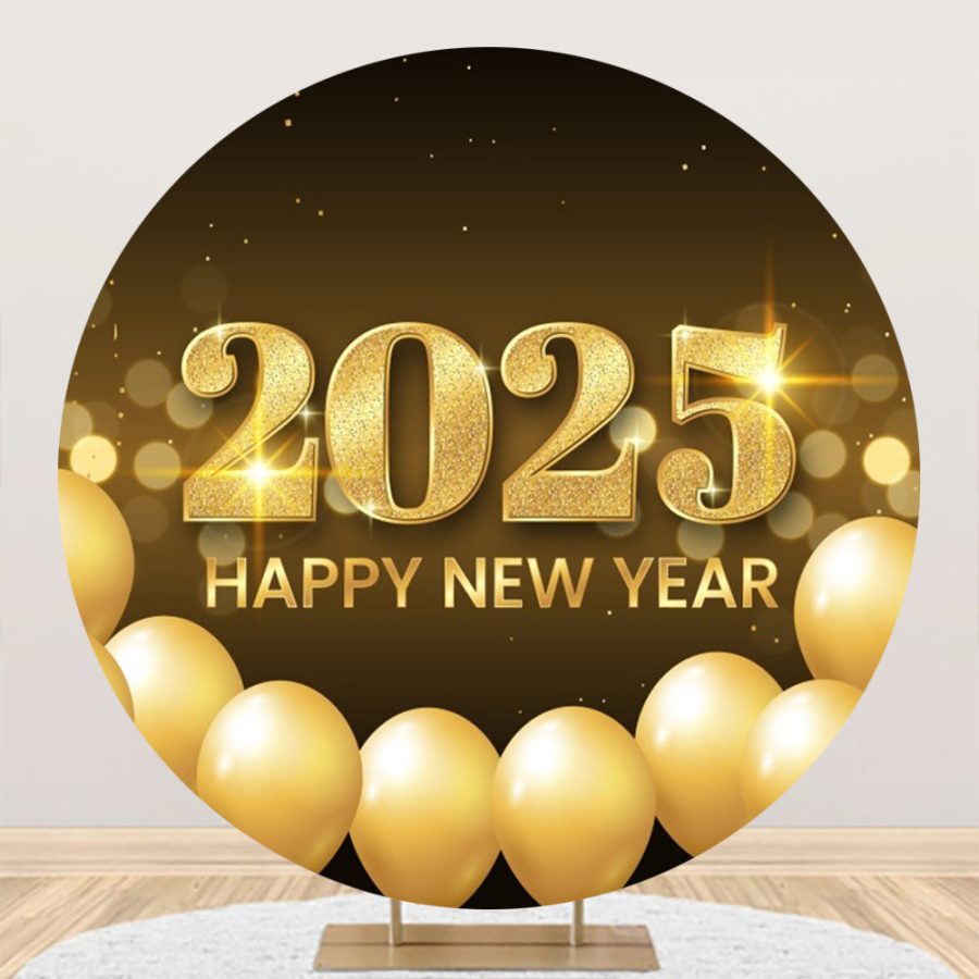 Aperturee Golden Balloon 2025 New Year Round Party Backdrop