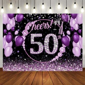 Aperturee Purple Glitter Cheers To 50Th Birthday Backdrop