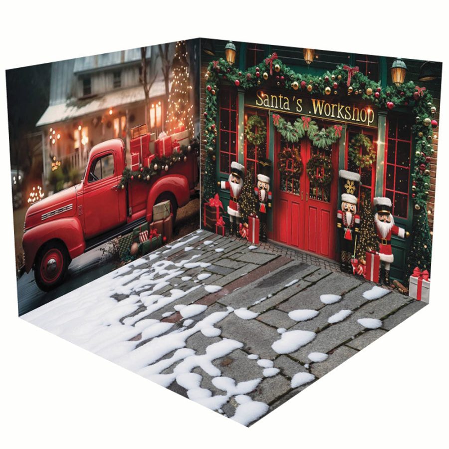 Aperturee Red Car Santa Workshop Christmas Room Set Backdrop - Lofaris