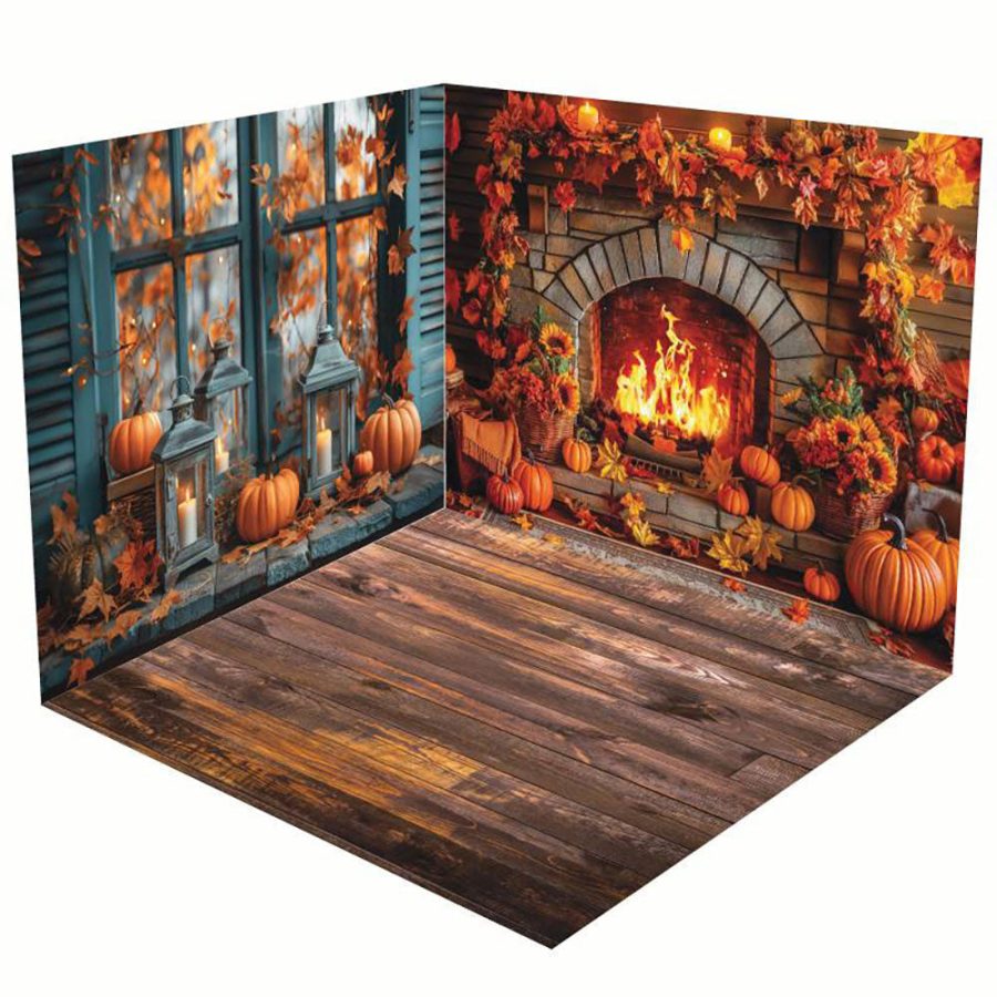 Aperturee Retro Teal Window Fireplace Autumn Room Set Backdrop - Aperturee