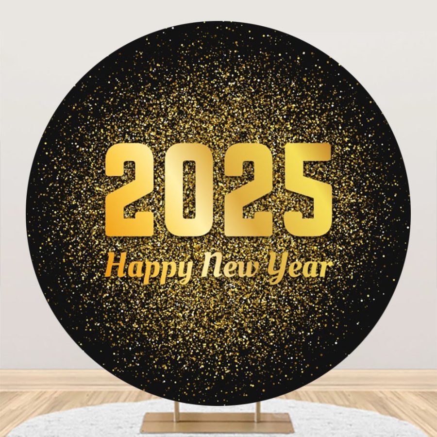 Aperturee Round Black Gold 2025 Happy New Year Party Backdrop