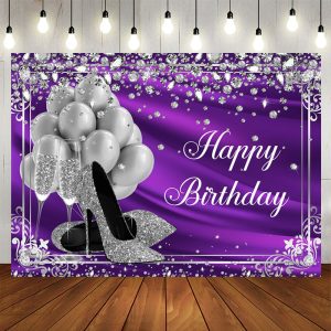 Aperturee Silver Balloon Diamonds Purple Birthday Backdrop