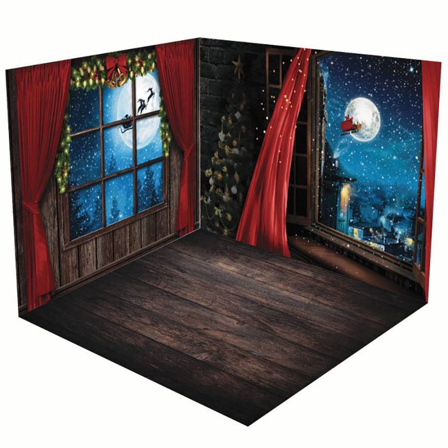 Aperturee Window Snowy Moon Night Christmas Room Set Backdrop - Aperturee