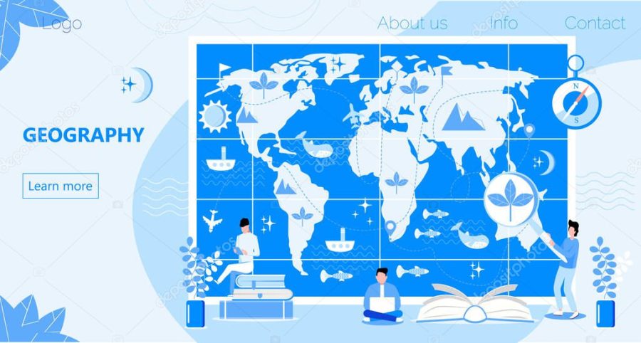 Atlas with metrics, compass, and oceans concept vector. Geographers study earth. Geography online and topography research illustration. Teacher in front of map in school or university.