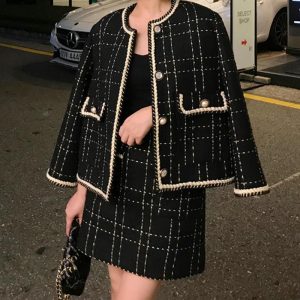 Autumn Winter Short Woolen Tweed Jacket Coat & Bodycon Mini Skirt Set